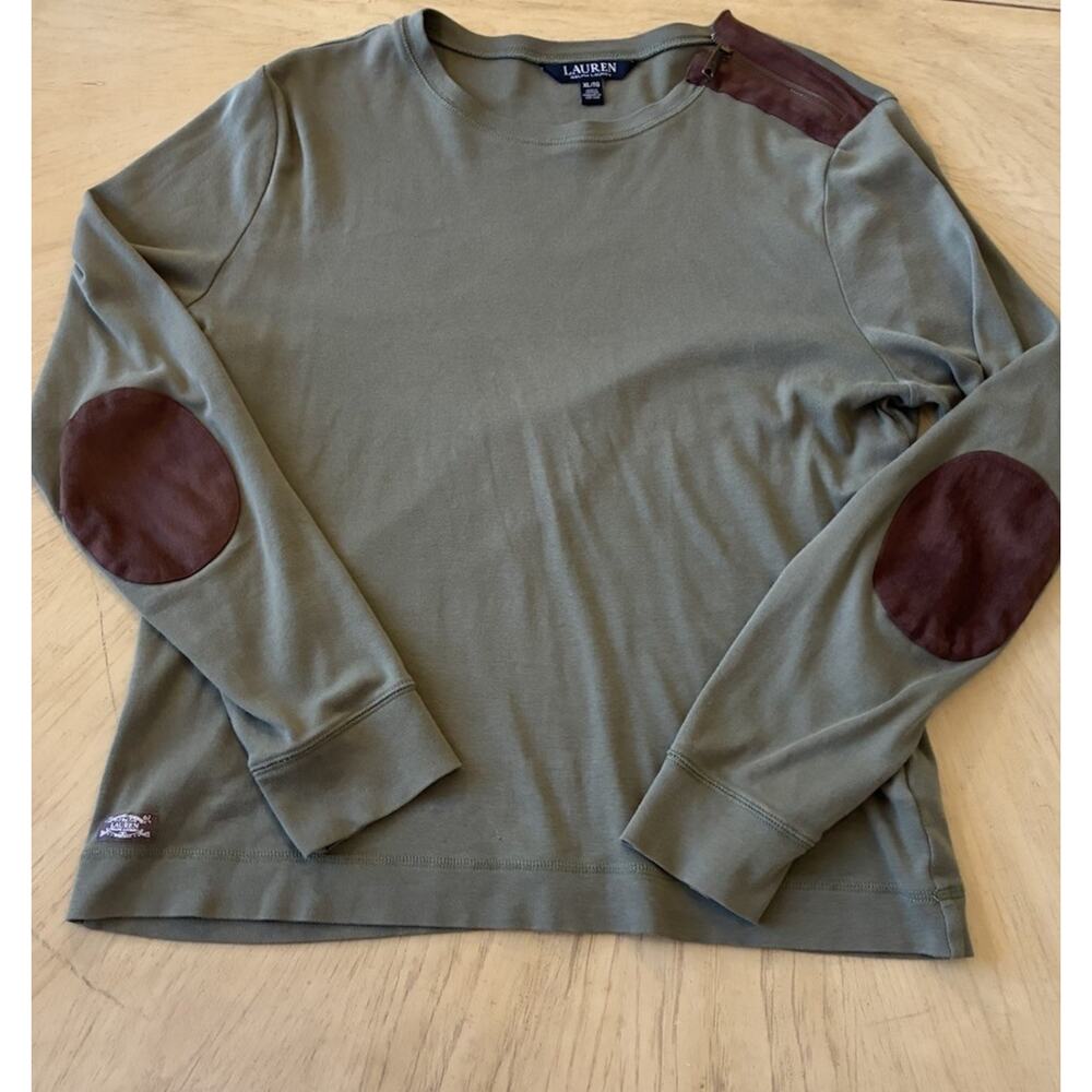 Ralph Lauren Olive Green Long Sleeve Top Suede Elbow Patch Equestrian Preppy XL - Picture 14 of 16